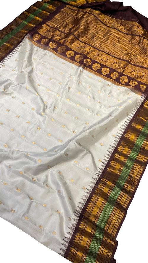 Off White Gadwal Handloom Pure Silk Saree