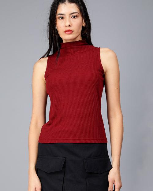 Maroon Turtle Neck Ribbed Crop Top Women