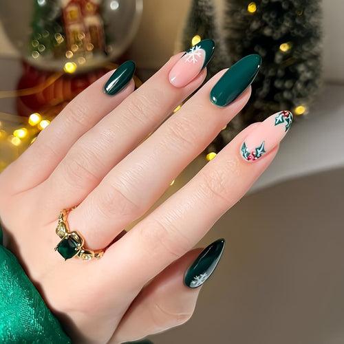 Glossy Dark Green Cherries Press on Fake Nails // tns904