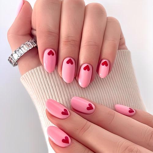 Glossy Pink Hearts Press on Fake Artificial Nails / tns1284