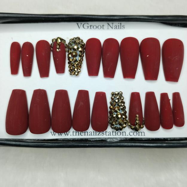 The NailzStation Matte Maroon Studded Press on Fake Artificial Nails Set with glue, filer, sticker application kit // 1181