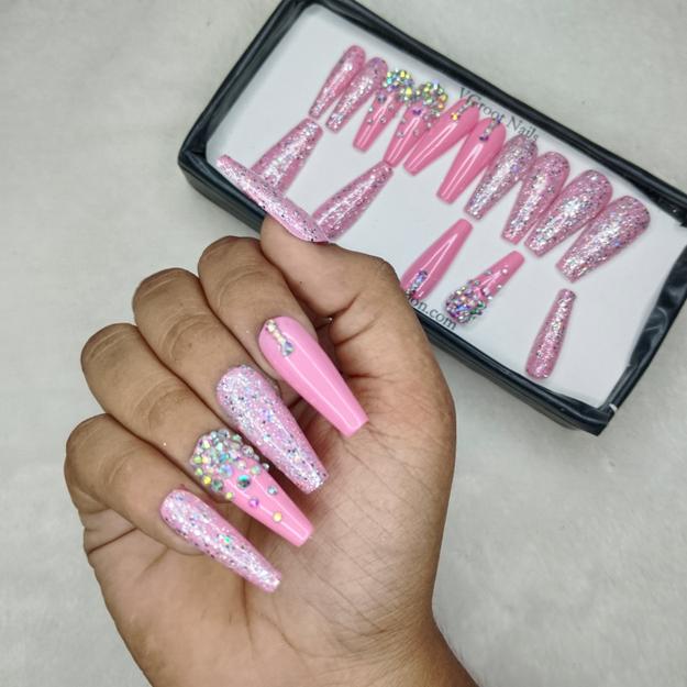 The NailzStation Glossy Light Pink Glitter Studded Press on Fake Artificial Nails Set with glue, filer, sticker application kit // 1182