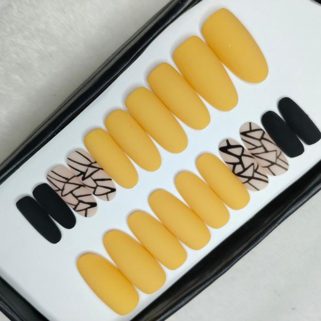 The NailzStation Matte Yellow Geometric Press on Fake Artificial Nails Set with glue, filer, sticker application kit // 1210