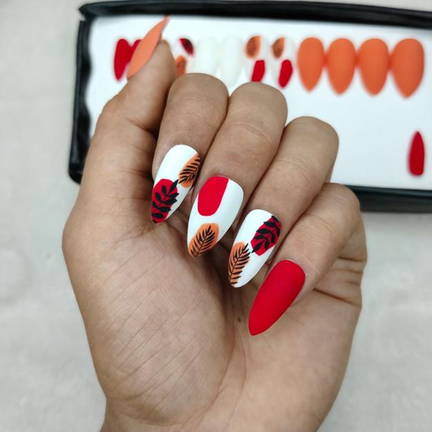 The NailzStation Matte Orange Floral Press on Fake Artificial Nails Set with glue, filer, sticker application kit // 1211