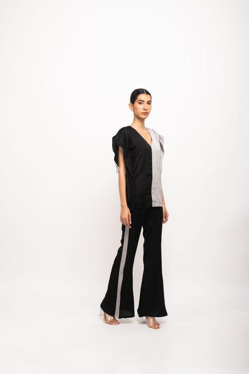 Black-Grey Half and Half Kaftan Top with Chic Rouching: Style Redefined by Style Triggers