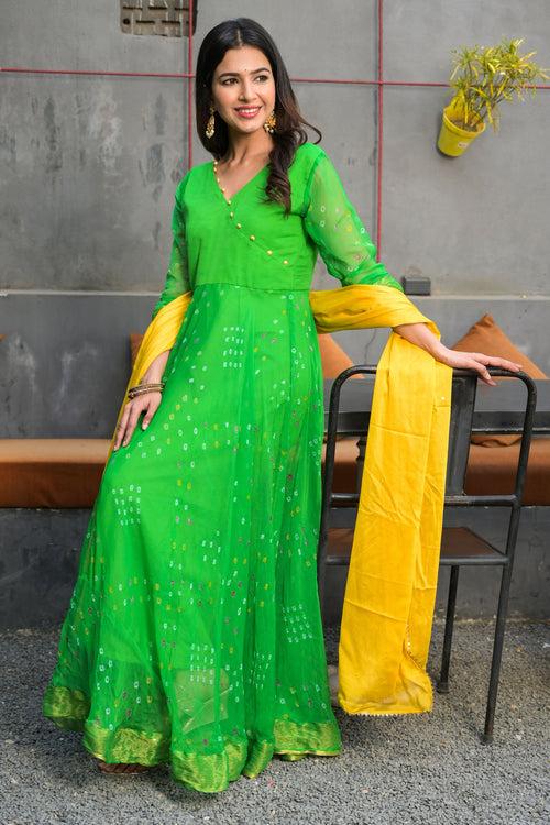 Elegant Green Angrakha Anarkali with Golden Dupatta | Style Triggers: Timeless Grace, Modern Appeal