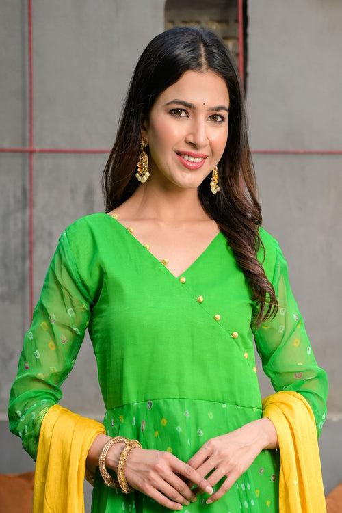 Elegant Green Angrakha Anarkali with Golden Dupatta | Style Triggers: Timeless Grace, Modern Appeal