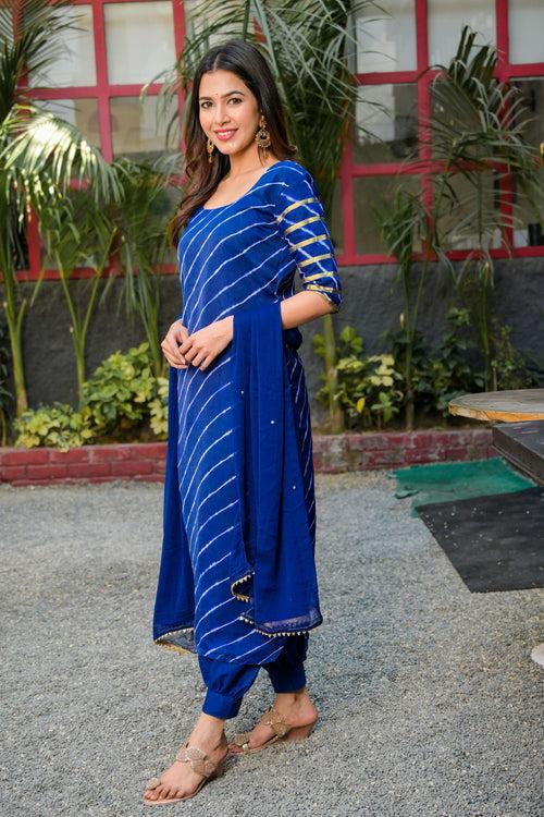 Charming Blue Leheriya Kurta with Afghani Salwar & Dupatta Set | Style Triggers: Elegance Redefined