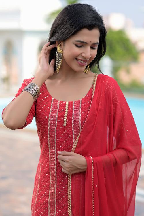 Chic Red Chikankari Suit Set | Style Triggers: Elevate Your Wardrobe with Graceful Charm