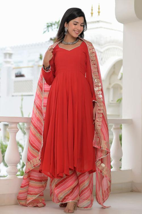 Chic Red Anarkali Palazzo Dupatta Set | Style Triggers: Elevate Your Fashion with Graceful Flair