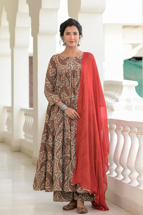 Chic Red Kalamkari Anarkali Set | Style Triggers: Timeless Elegance, Modern Flair