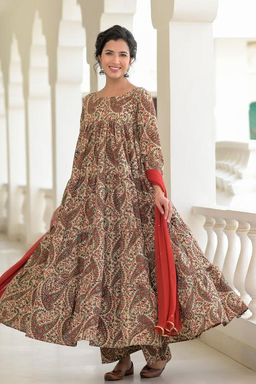 Chic Red Kalamkari Anarkali Set | Style Triggers: Timeless Elegance, Modern Flair