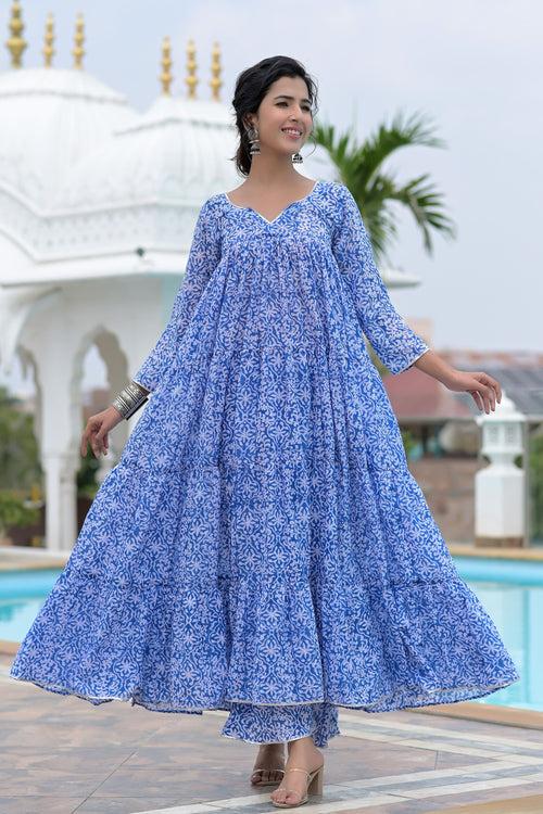 Stylish Blue Block Print Anarkali Set | Style Triggers: Elevate Your Fashion Statement