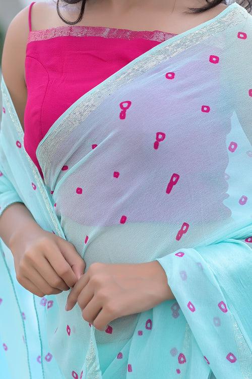 Blue and Magenta Bandhani Printed Georgette Saree with Matching Blouse by Style Triggers