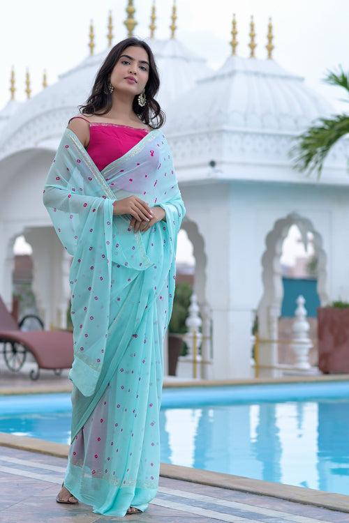 Blue and Magenta Bandhani Printed Georgette Saree with Matching Blouse by Style Triggers