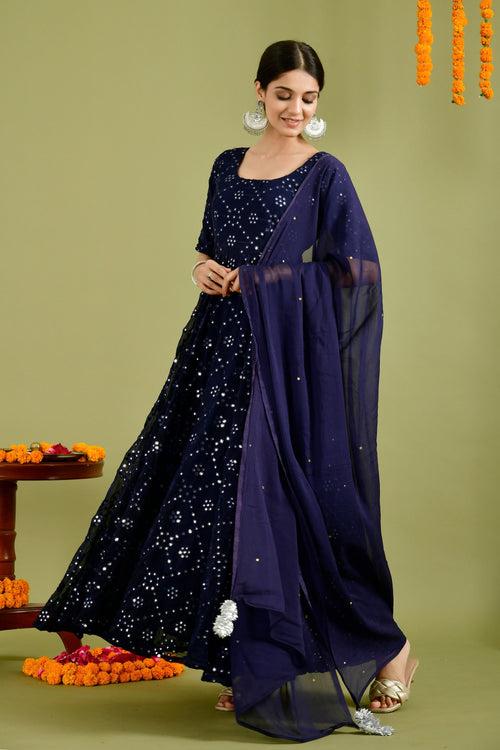 Blue Mirror Anarkali Set: Explore Stylish Straight, Palazzo, and Patiala Kurta Sets at Style Triggers