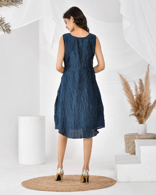 Chic and Stylish: Blue Pleated Knee-Length Dress with V-Neck and Belted Design by Style Triggers