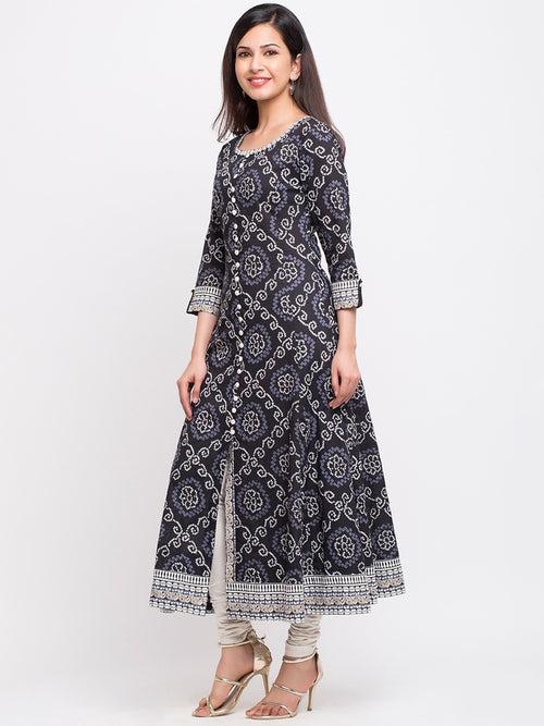 Women Black & White Printed A-Line Kurta