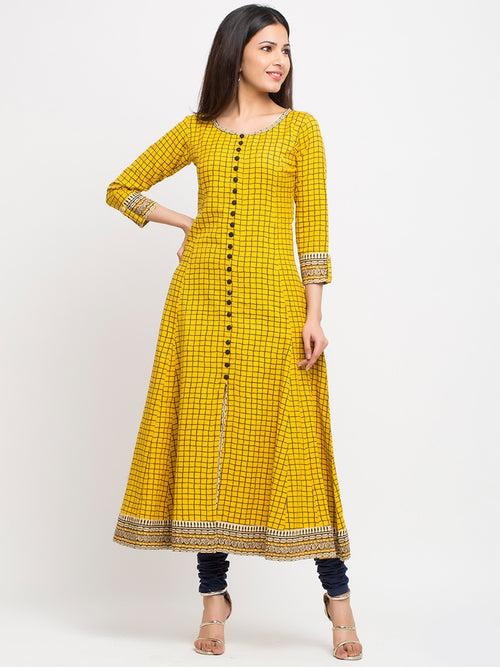 Yellow checked Anarkali Kurta