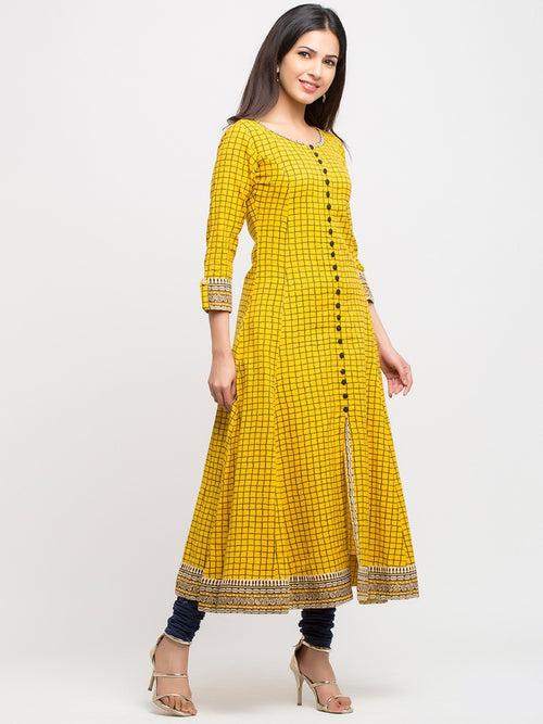 Yellow checked Anarkali Kurta