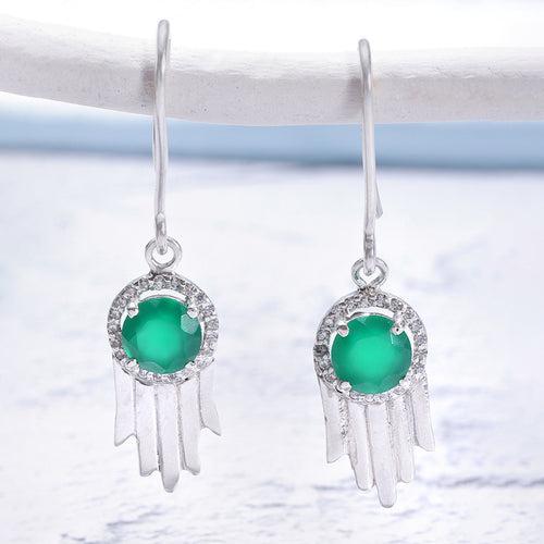 92.5 Silver Green Hamsa Earrings