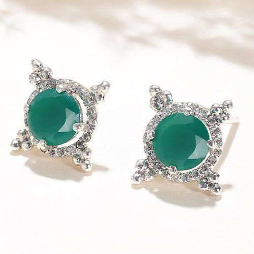 92.5 Silver Green Kundan Chakra Stud Earrings