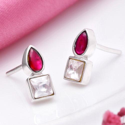 92.5 Silver Cubic red Drop Stud Earrings