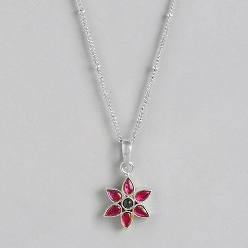 92.5 Silver Red Kundan Flower Necklace