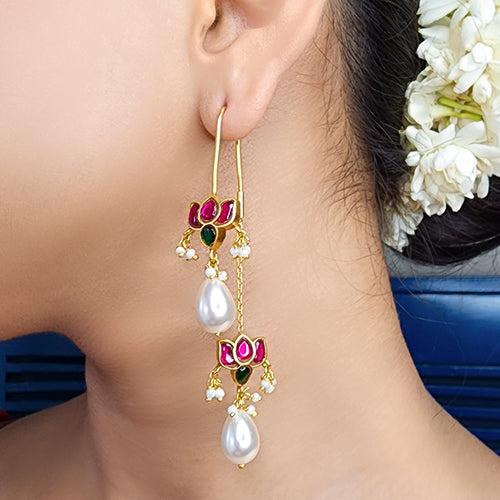 Double Lotus Kundan Silver 92.5 Sui Dhaga Earring