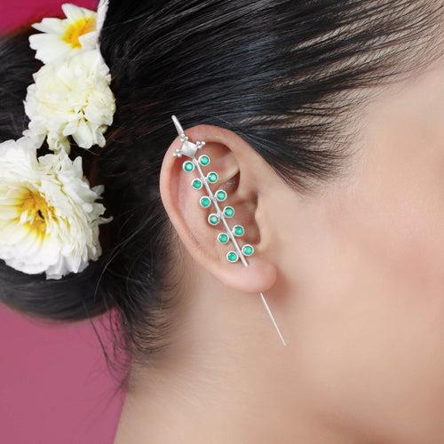 Green Stone Silver 92.5 Needle Ear Cuffs