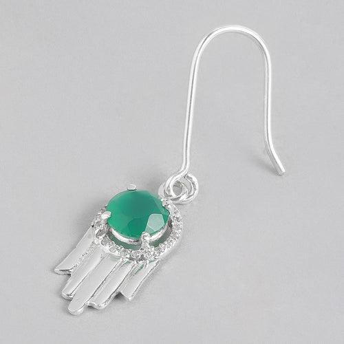 92.5 Silver Green Hamsa Earrings