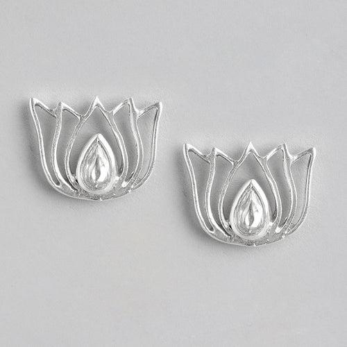 92.5 Silver White Kundan Sacred Lotus Stud Earrings