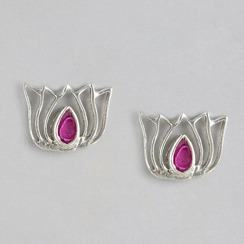 92.5 Silver Red Kundan Sacred Lotus Stud Earrings