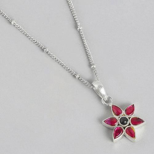 92.5 Silver Red Kundan Flower Necklace