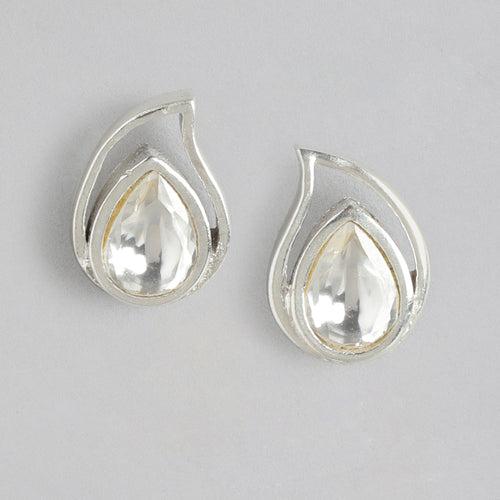 92.5 Silver White Kundan Drop Stud Earrings