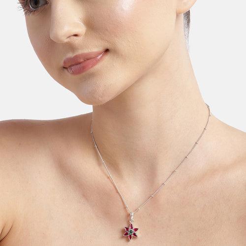 92.5 Silver Red Kundan Flower Necklace