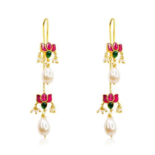 Double Lotus Kundan Silver 92.5 Sui Dhaga Earring