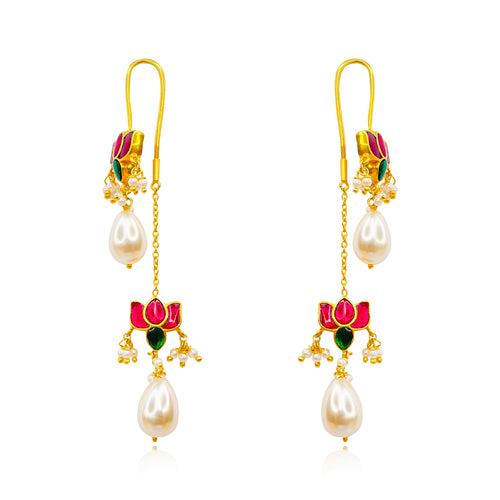 Double Lotus Kundan Silver 92.5 Sui Dhaga Earring