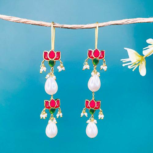 Double Lotus Kundan Silver 92.5 Sui Dhaga Earring