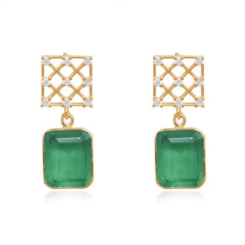 SILVER 92.5 ZIRCON STUD EARRING With Green Onyx