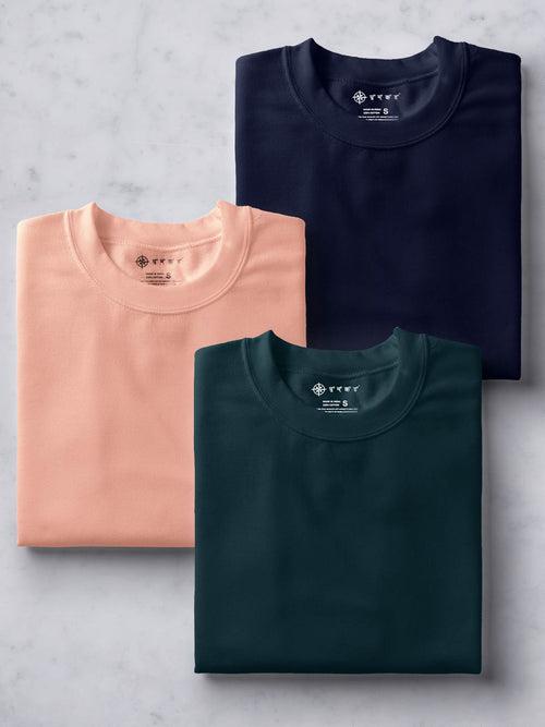Peach, Teal Blue & Midnight Blue T Shirt Combo | Pack of 3