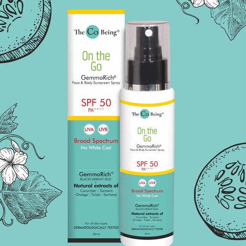 ON THE GO All Natural Face & Body Suncscreen Spray |SPF 50 PA++++ |Gemmorich with Blackcurrant & Cucumber |100 ml | Oilfree, Light, Non Greasy| UV Protection