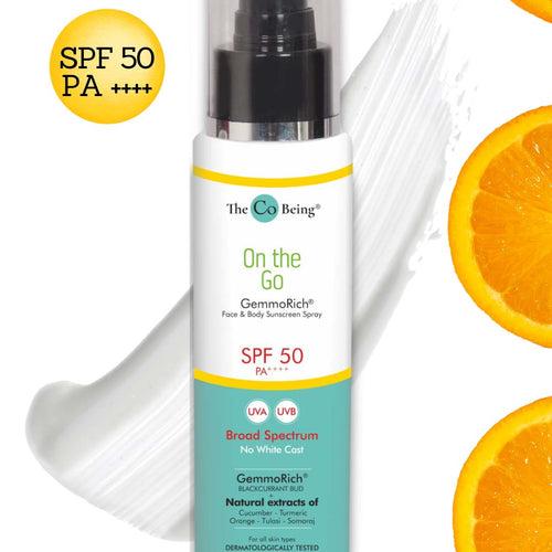 ON THE GO All Natural Face & Body Suncscreen Spray |SPF 50 PA++++ |Gemmorich with Blackcurrant & Cucumber |100 ml | Oilfree, Light, Non Greasy| UV Protection