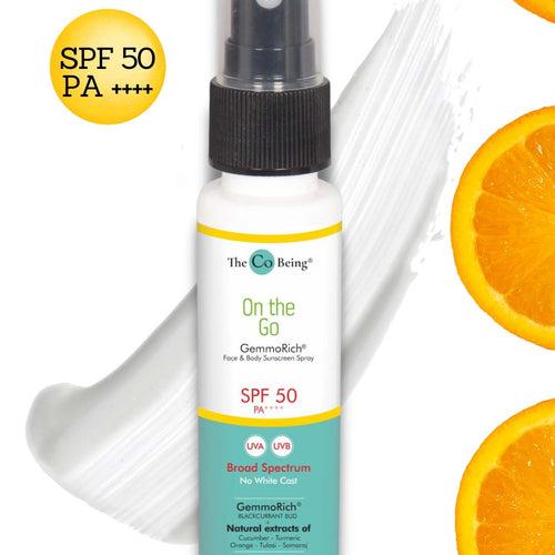 ON THE GO All Natural Face & Body Suncscreen Spray |SPF 50 PA++++ |Gemmorich with Blackcurrant & Cucumber |20 ml| Oilfree, Light, Non Greasy| UV Protection