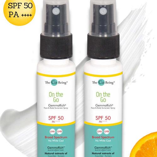 ON THE GO Set of 2 All Natural Face and Body Suncscreen Spray |SPF 50 PA++++ | Gemmorich with Blackcurrant & Cucumber 20 ml | Oilfree, Light, Non Greasy| UV Protection