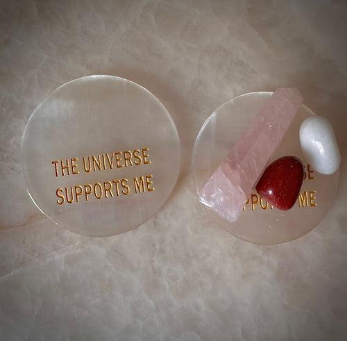 100% Natural Selenite Coaster 'The Universe Supports Me'-Positive Affirmation Charging Plate!