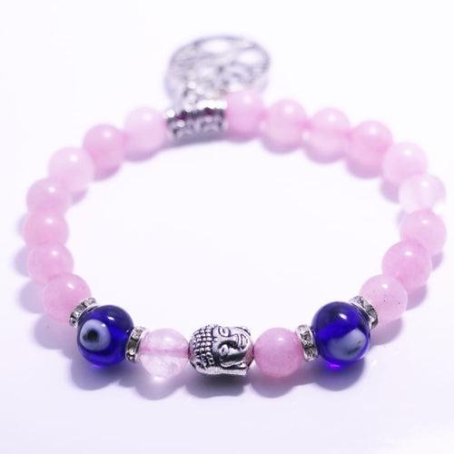 Rose Quartz & Evil Eye Beads With Buddha & Tree Charm - FOR LOVE, PROTECTION, COMPASSION