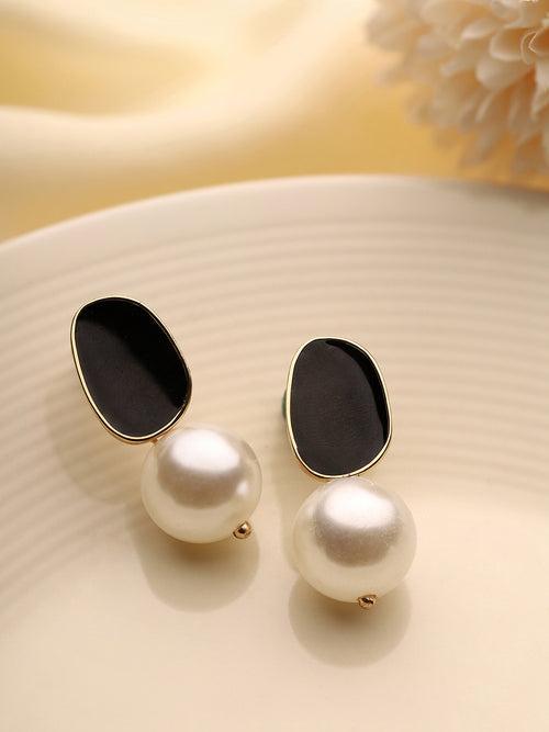 Priyaasi Black Pearl Drop Gold Plated Earrings