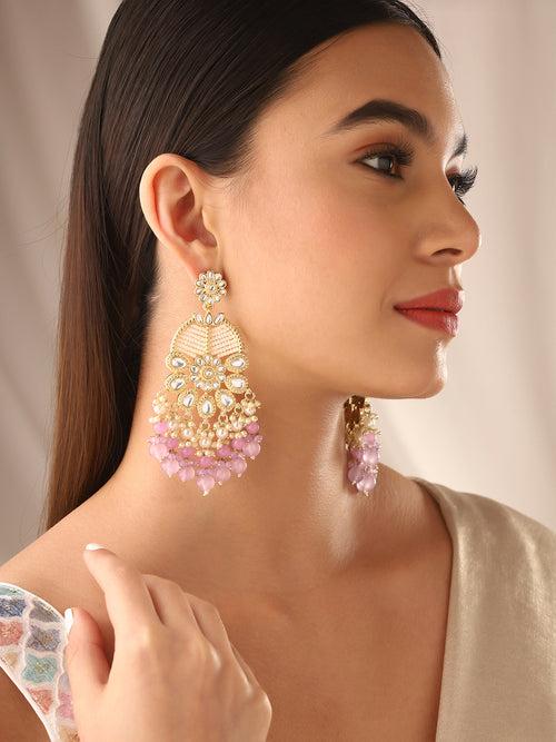 Priyaasi Lavender Beads Floral Kundan Pearl Earrings