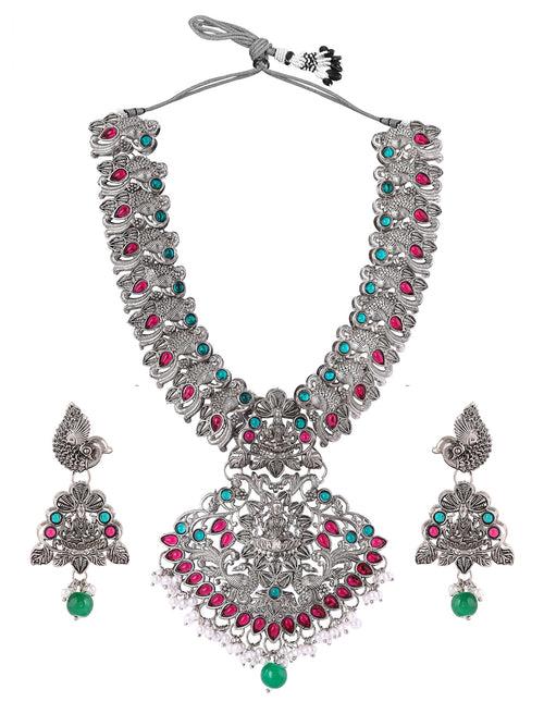 Priyaasi Silver Plated Green and Ruby Jewellery Set